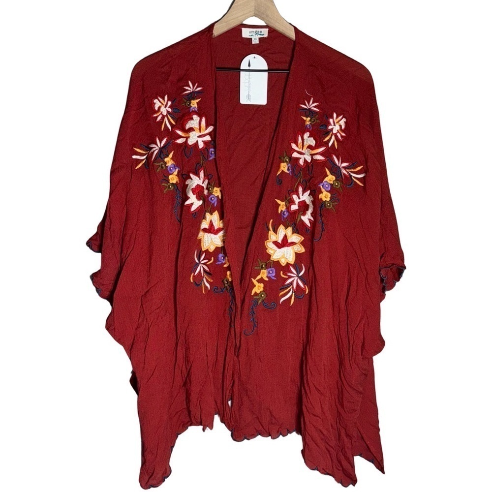 Umgee Red Floral Scalloped Trim Boho Quarter Sleeves Cardigan Womens - Size M/L